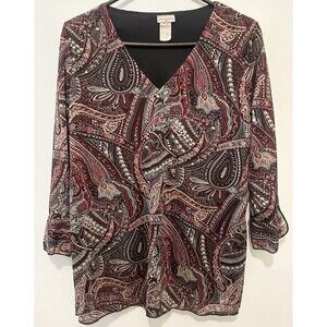Julie’s Closet Paisley V-Neck Top Women’s Plus 1X Burgundy Boho 3/4 Sleeve